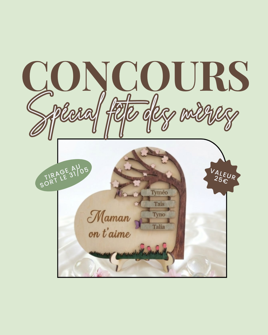 Concours Fête des Mères : Gagnez un cœur en bois personnalisé 'Arbre de Vie' avec prénoms gravés, valeur 25€