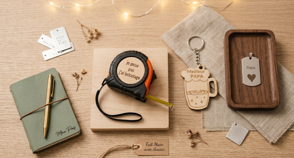 Fête des Pères : offrez un cadeau personnalisé ou un accessoire gravé fait main en Sarthe pour un papa unique.