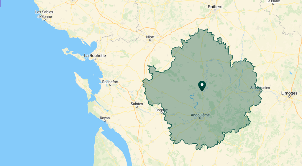 Carte de la zone de distribution de bières bavaroises en Charente, Charente maritime