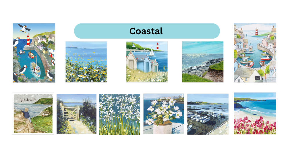 Coastal themed card designs. Some with boats, some with flowers as the backdrop.