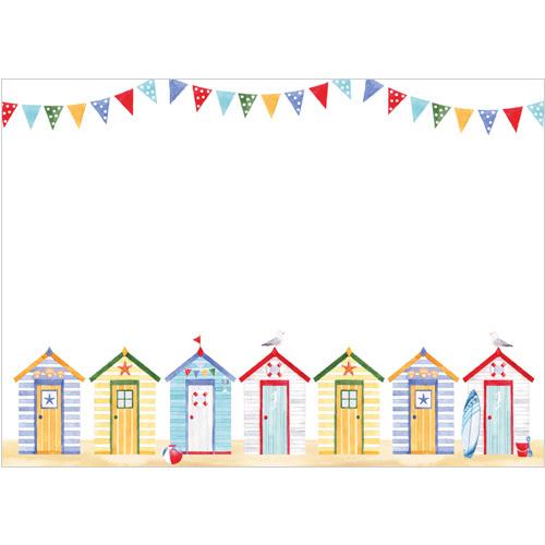 Image of a pack of 10 notecards and envelopes. The design is of Beach huts along the bottom with bunting strung across the top with space and a white background to write on.