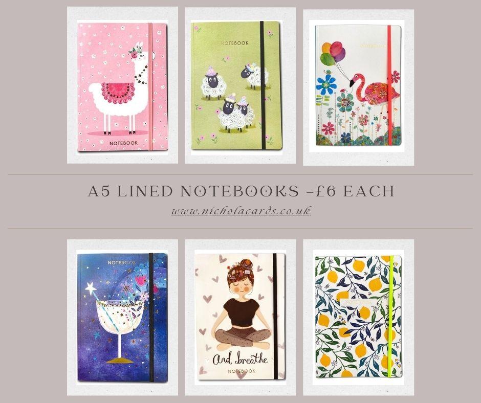 Image of 6 of the different A5 Notebooks currently in stock priced at £6 each with lined paper and an elastic band to use as a page marker.