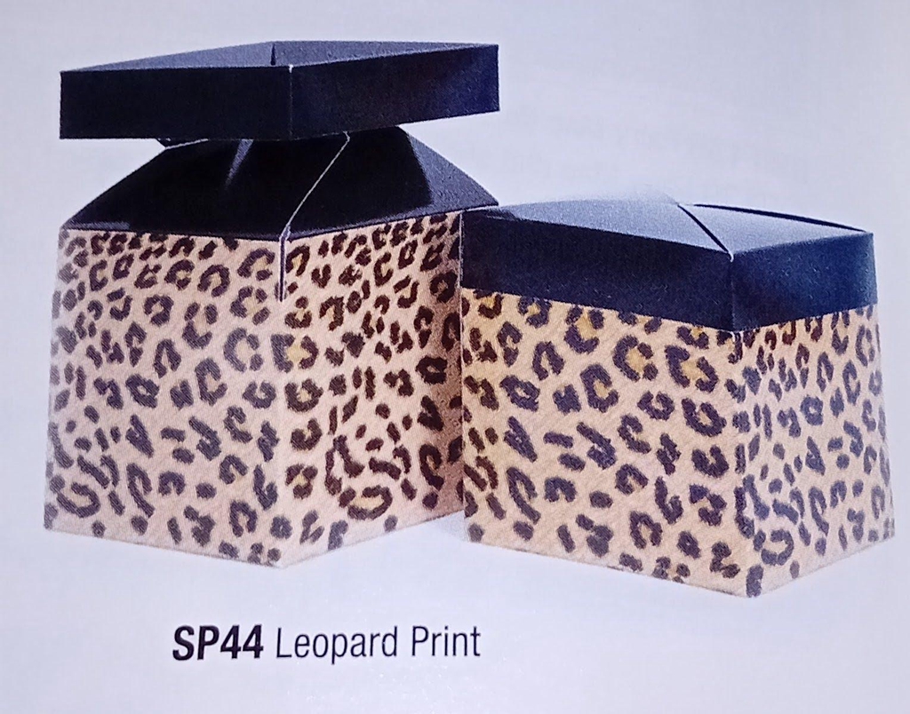 Image of a cube box in a leopard print. A pack of 2 boxes. Tissue paper and wrapping paper sheets in various designs also available.