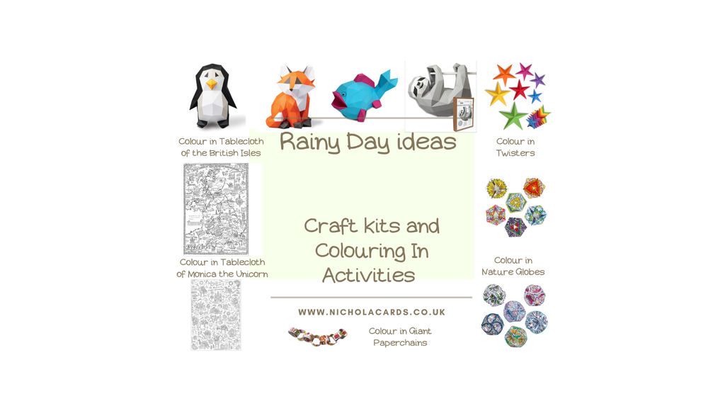 Baby Fox Craft Kit, Festive Globes to colour in, Happy Birthday colour in Paperchains, Great Britain Colour in Map, Gray Rabbit Craft Kit, Under the sea colour in tablecloth, Blue Fish Craft Kit, Colour in Crowns & Tiaria's, Colour in Twisters