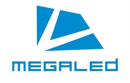 MegaLED Logo for workshop stock and lighting components on clearance website blue on white background