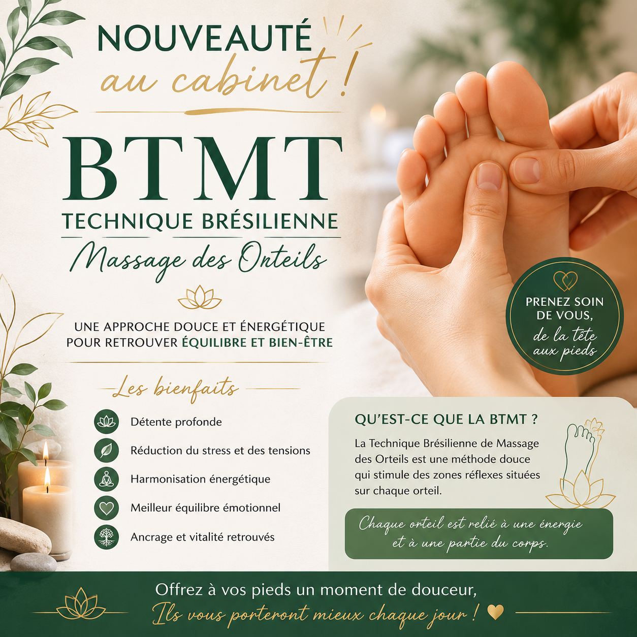 À travers le magnétisme, l'harmonisation énergétique et mon soin signature Ancrage des 5 Énergies, je vous aide à retrouver équilibre, sérénité et vitalité.
Chaque séance est unique et adaptée à vos besoins du moment.
Prenez un temps pour vous reconnecter à votre énergie intérieure.