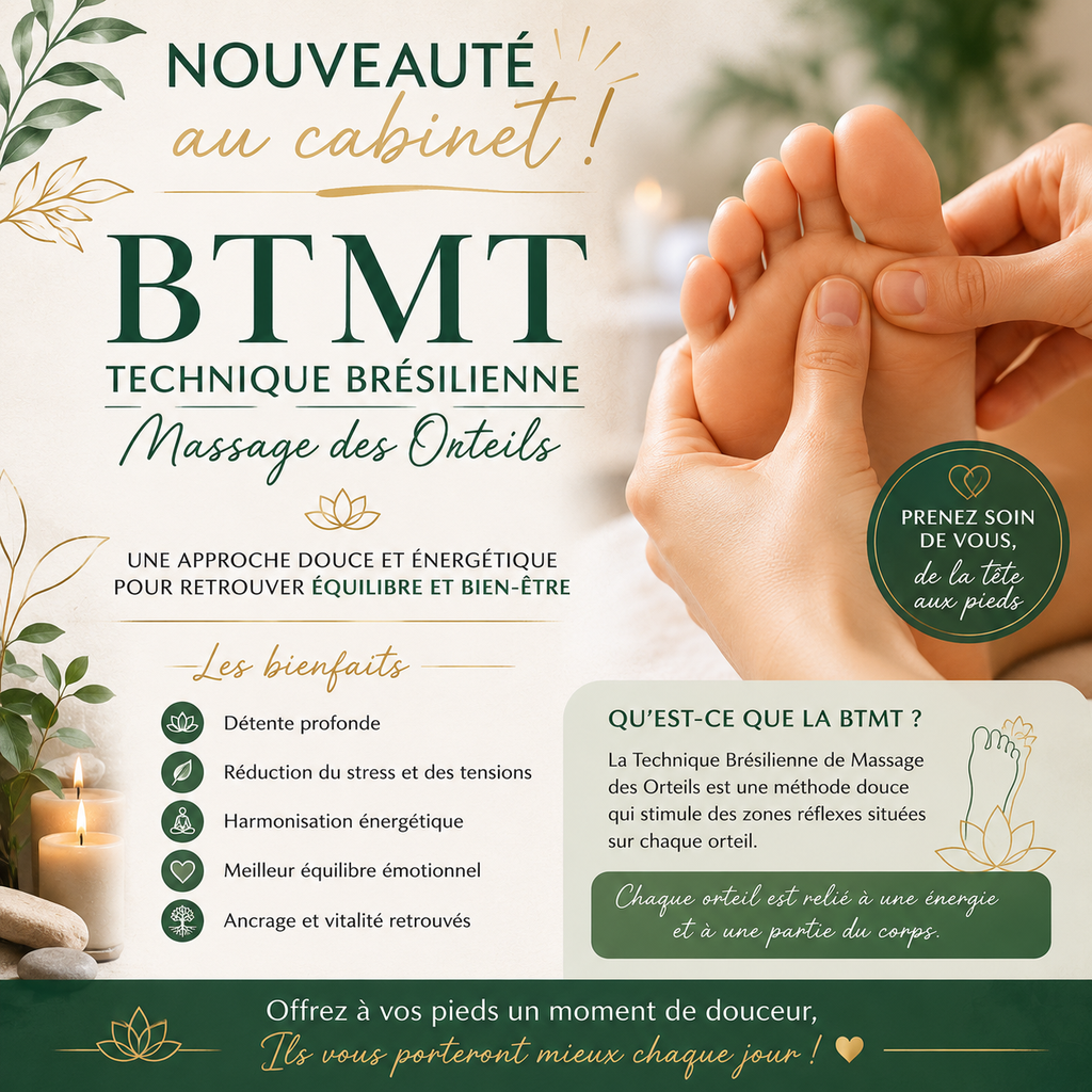 À travers le magnétisme, l'harmonisation énergétique et mon soin signature Ancrage des 5 Énergies, je vous aide à retrouver équilibre, sérénité et vitalité.
Chaque séance est unique et adaptée à vos besoins du moment.
Prenez un temps pour vous reconnecter à votre énergie intérieure.