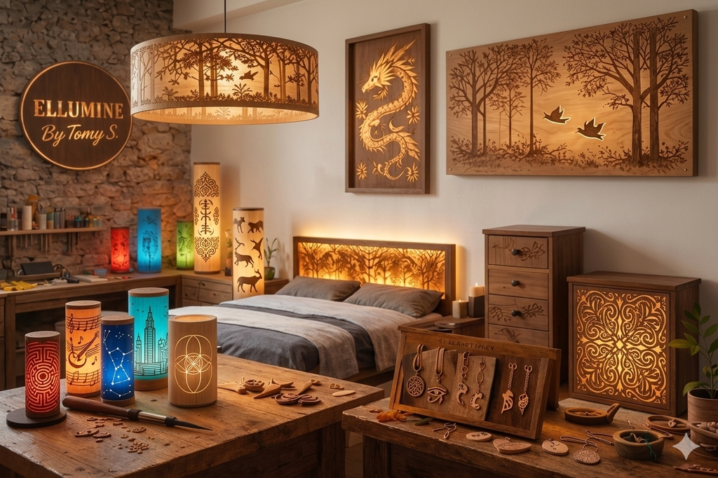 Luminaires artisanaux en bois rétroéclairés dans une chambre moderne : lampes cylindriques à motifs géométriques, astronomiques et musicaux, suspension forêt et tête de lit lumineuse.
