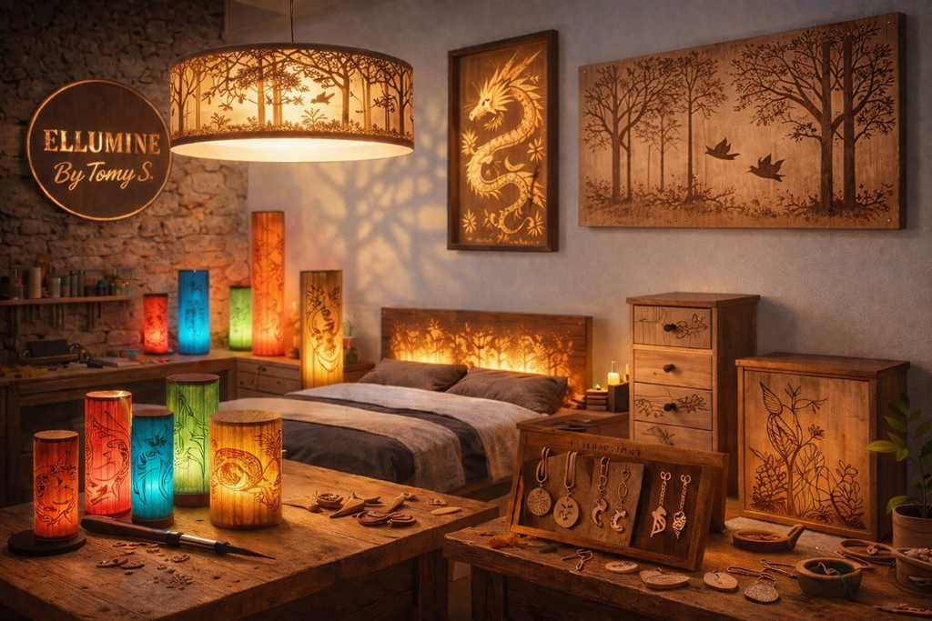 Atelier ELLUMINE en Dordogne – lampes en bois lumineuses, suspension large, tableaux décoratifs, meubles pyrogravés et créations artisanales de Tomy Schuler.