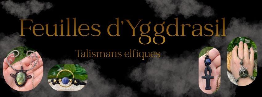 Ma bannière officielle présentant le titre de ma boutique de créations artisanales elfiques Feuilles d'Yggdrasil, basé à Grenoble en France.