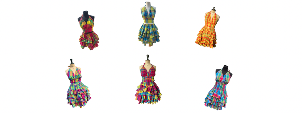 Le modèle Mélyne apparait en plusieurs coloris (rouge, jaune, vert, rose, bleu) : il s'agit d'un top dos nu et d'une jupe à volants en madras.