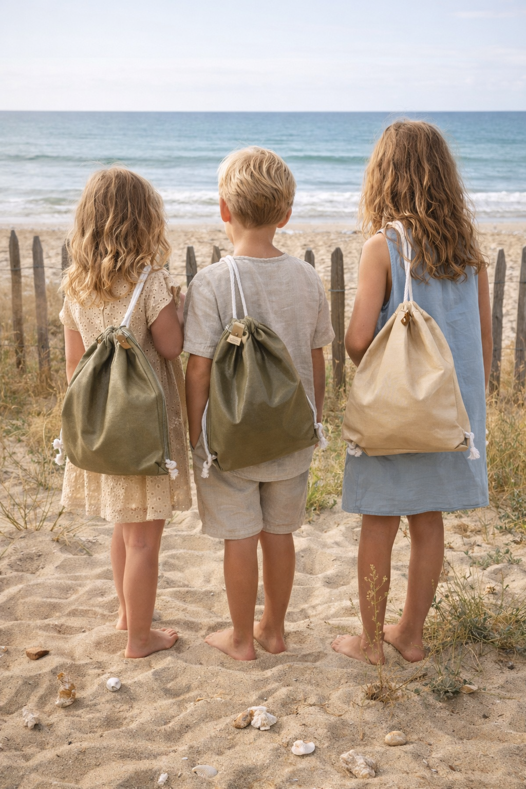 Sac en coton enduit porter à l'épaule par des enfants en bord de mer
