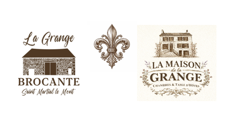 Brand logo for La Grange de Saint-Martial-le-Mont showing a brocante with antiques and a chambres et table d’hôtes in an 1800s French house.