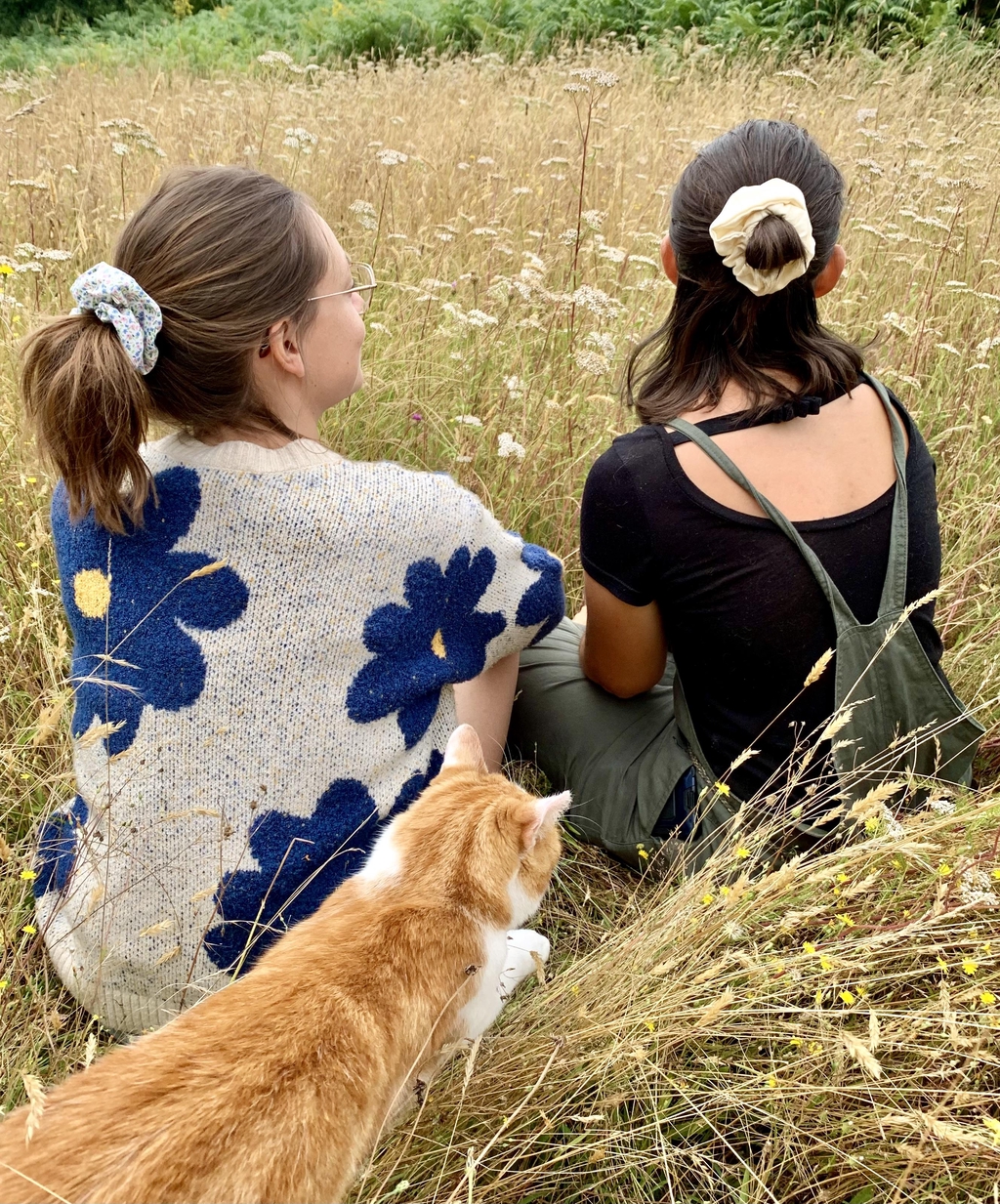 Deux femmes portant des chouchous assises dans une prairie avec un chat