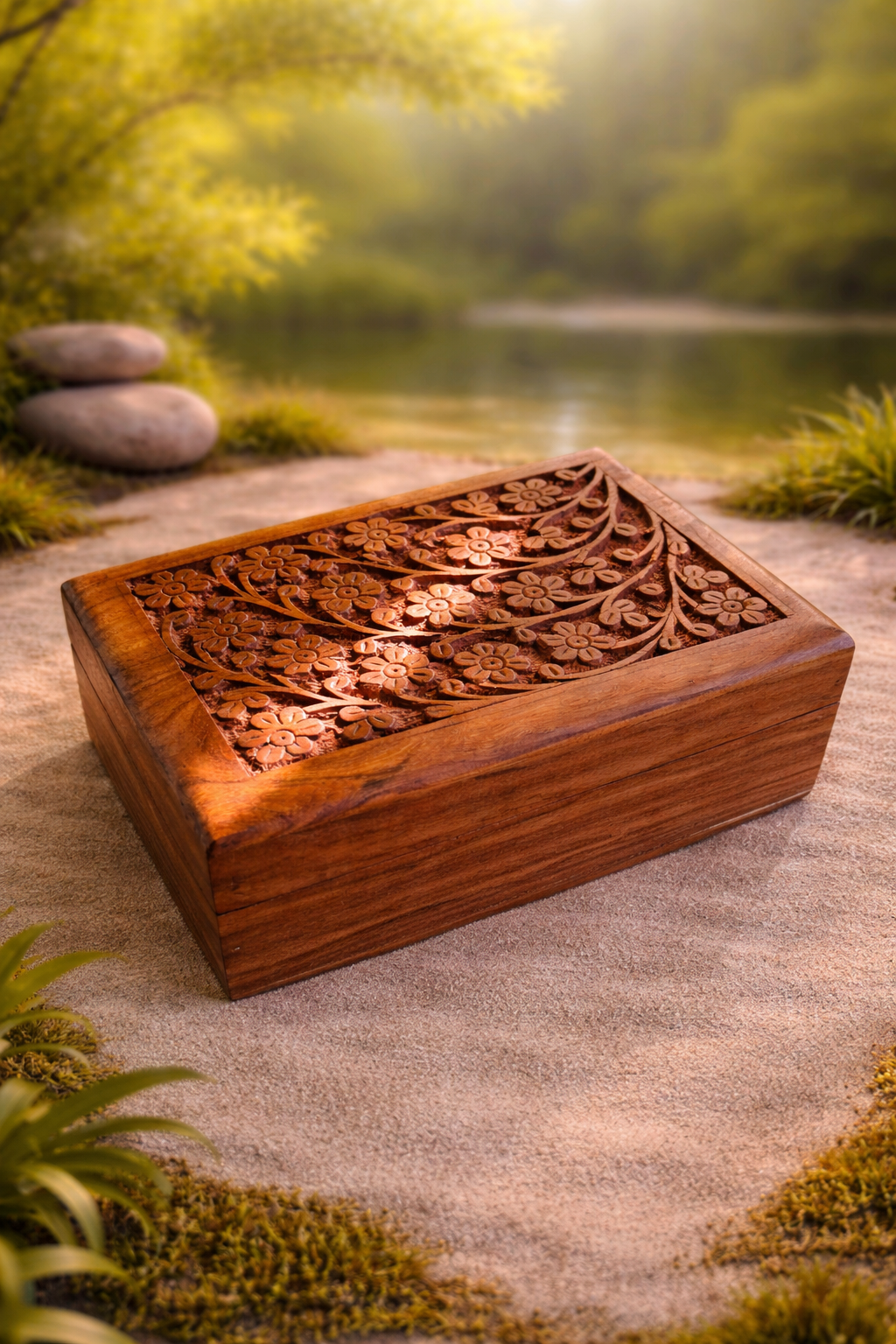 Coffret bois artisanal 18 cm "Fleurs"