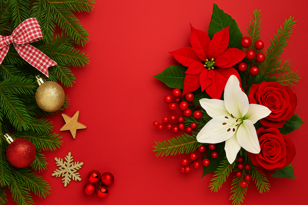 “Festive Christmas banner background featuring red poinsettias, white lilies, red roses, holly berries, golden decorations, and evergreen branches on a rich red backdrop — perfect for a florist holiday theme.