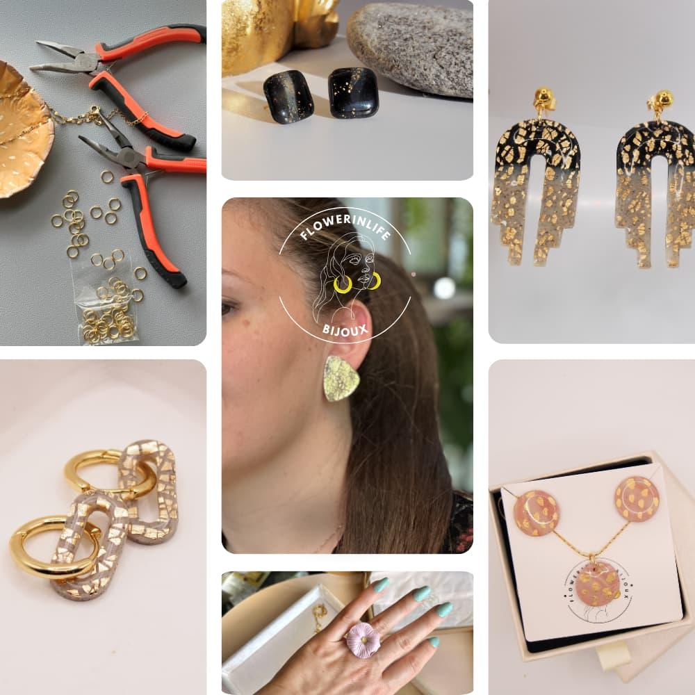 Mood board de bijoux faits main : pièces inspirées par les galets avec des touches dorées, deux pinces montrant un aperçu de l'atelier, et essayage de boucles d'oreilles en forme organique, modèle clou.