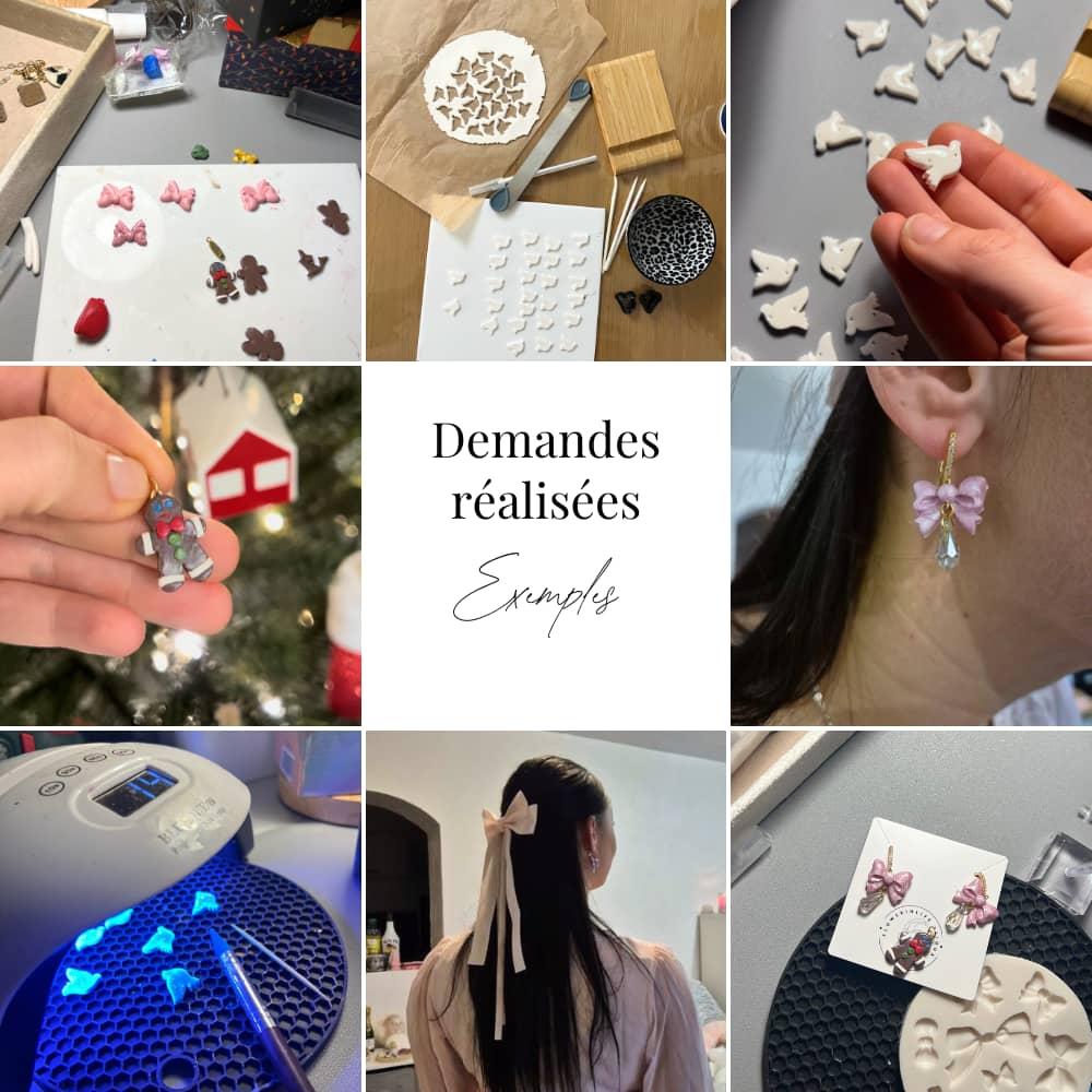 Exemples de bijoux personnalisés sur mesure : pendentif pain d'épice assorti à des boucles d’oreilles, breloques en forme de colombe inspirées d'un logo d’association, et boucles d’oreilles élégantes avec nœud et paillettes pour un réveillon à thème. Bijoux faits main, personnalisables pour toutes occasions : mariage, anniversaire, cadeau unique