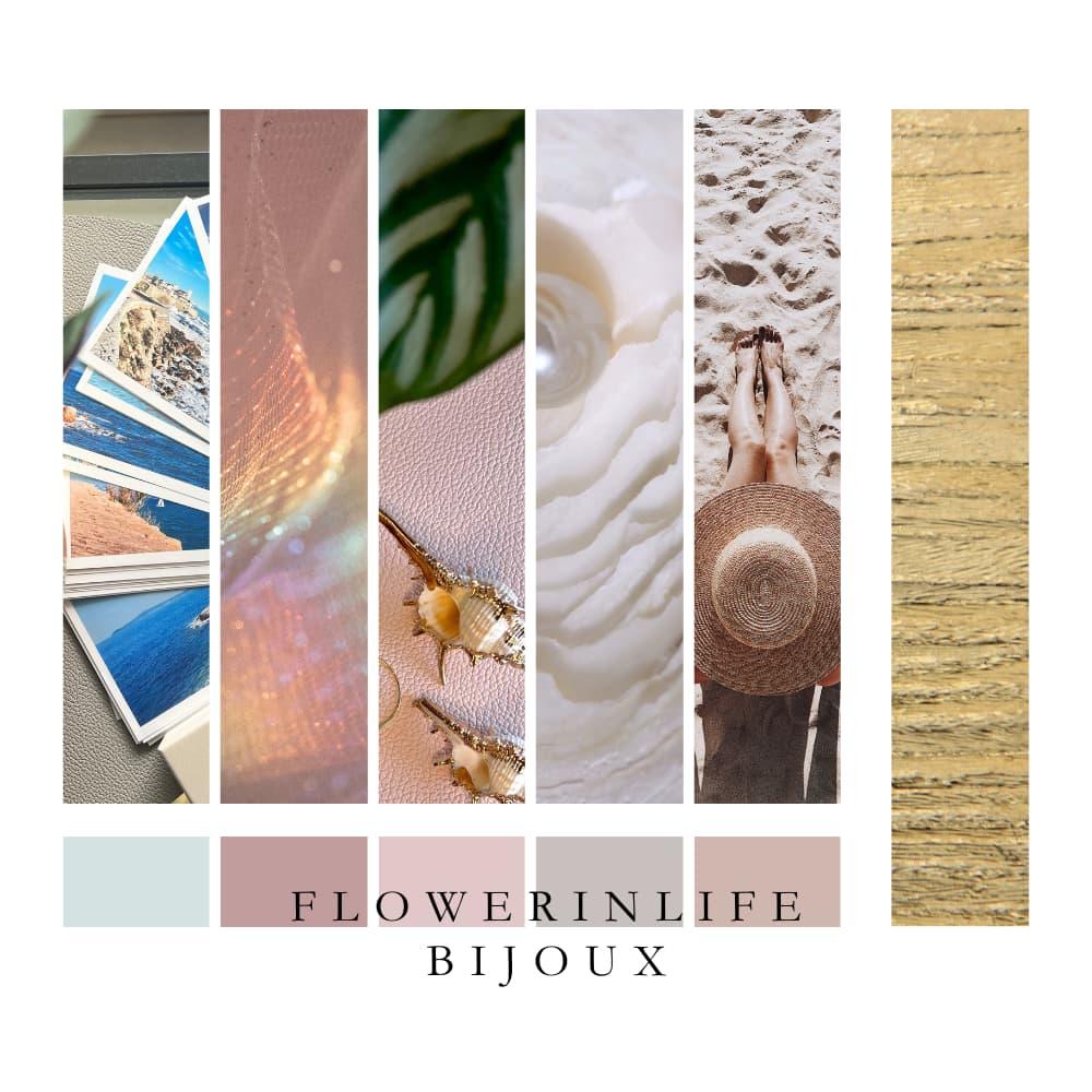 Mood board de bijoux faits main : pièces inspirées par les galets, de la cote d'azur, des coquillages, du nacre, avec des touches dorées, 