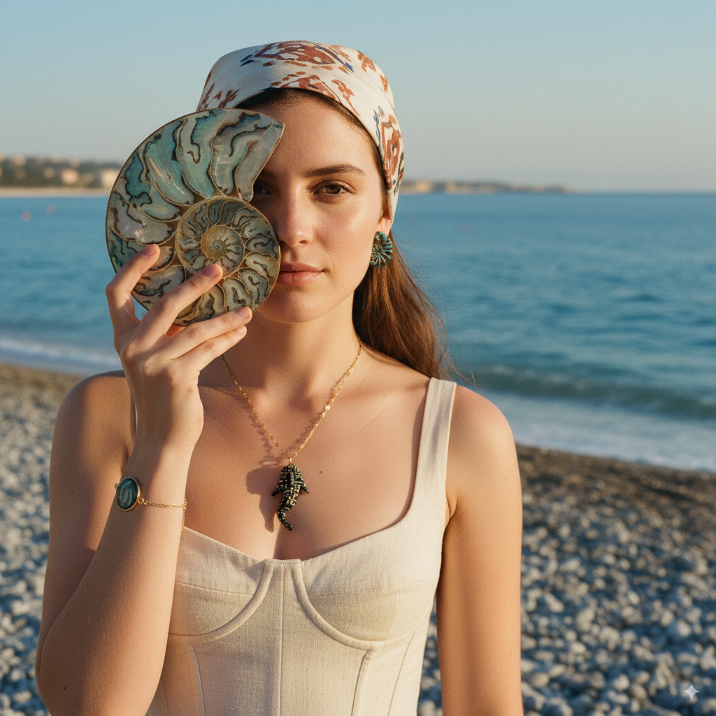 Cette photo met en scène une jeune femme sur une plage, avec la mer en arrière-plan sous un ciel clair. Elle a les cheveux bruns et porte un foulard clair à motifs sur la tête. Son maquillage est léger et sa peau semble naturelle.
Elle tient une grande coquille de nautile irisée devant son visage, cachant la moitié gauche. Ses yeux sont visibles et elle regarde directement l'objectif avec une expression calme et douce.
Elle porte des bijoux : des boucles d'oreilles vert foncé, un bracelet assorti au poignet gauche, et un collier avec un pendentif en forme d'hippocampe noir et blanc. Sa tenue est un haut de type corset de couleur crème, laissant ses épaules nues.
L'éclairage est doux, évoquant la lumière naturelle d'un studio, avec des ombres subtiles. La photo présente un grain léger et un rendu organique, lui donnant une esthétique de magazine haut de gamme.