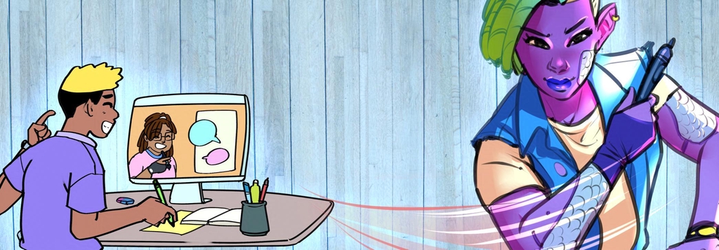 dessin d'un garçon aux cheveux blonds prend un cours sur un ordi. A gauche, une fille, un être fantastique qui tient un stylet