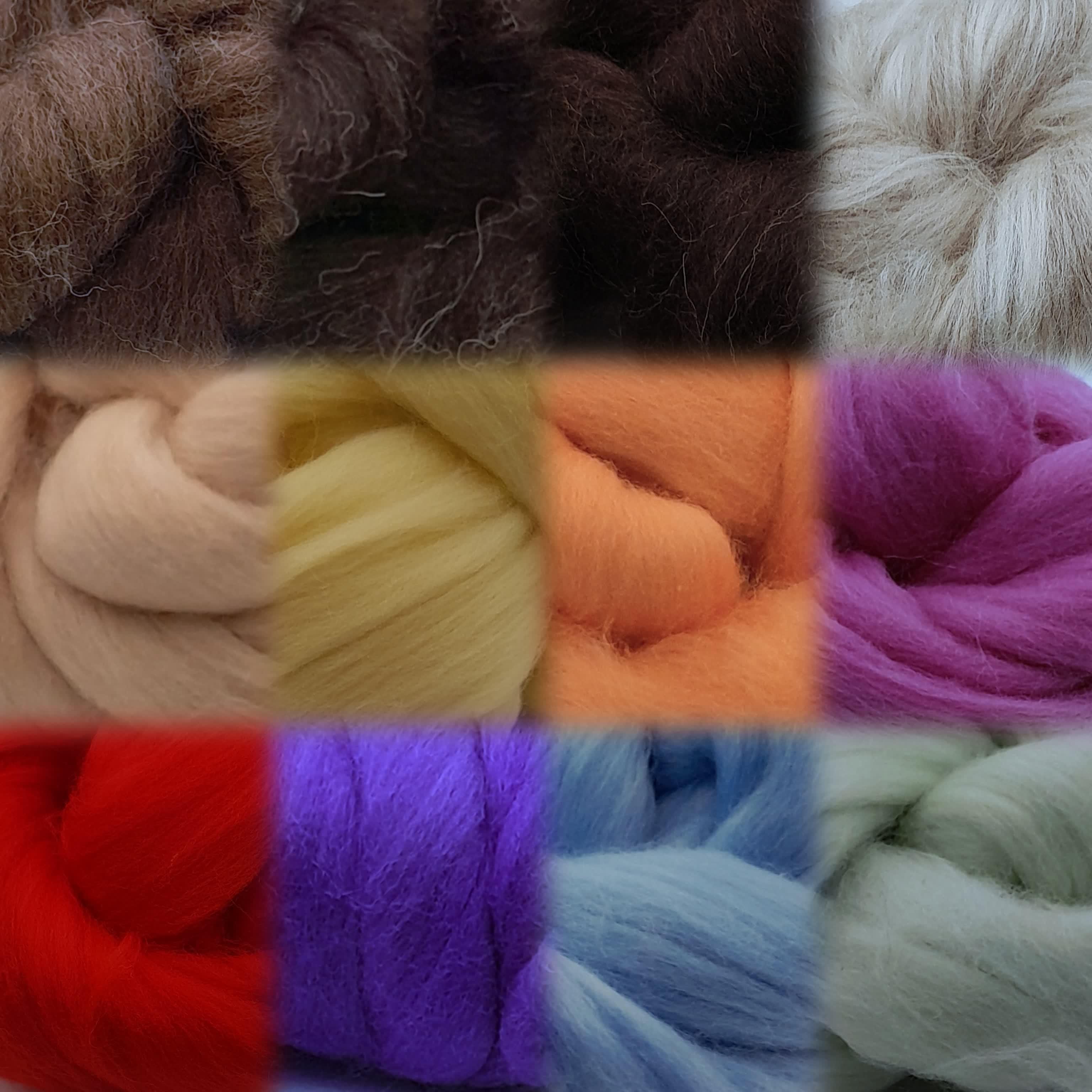 collage of dyed merino wool and other wool fibre for felting