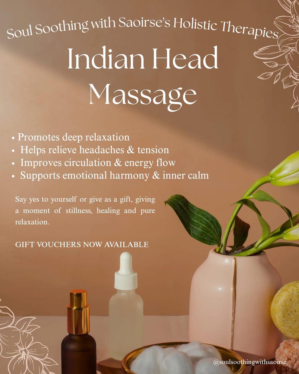 Awaken your senses and melt away stress with the ancient healing art of Indian head massage.
This deeply restorative treatment focuses on the head, neck, shoulders, and scalp—releasing tension, improving circulation, and encouraging total relaxation.
Perfect for easing headaches, soothing the nervous system, and restoring natural balance.