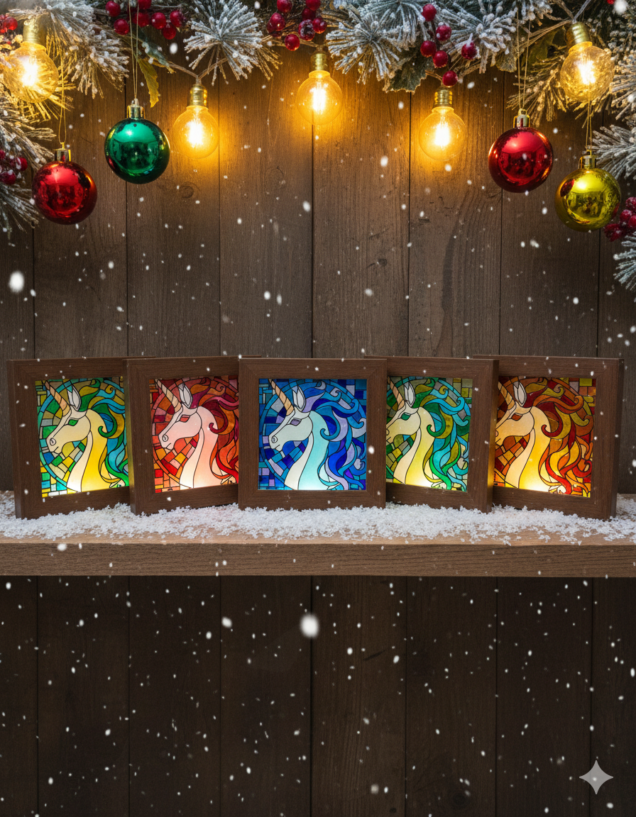 Cinq licornes de couleurs différentes (verte, rose, bleue, verte et rouge) peinte à la main dans un style artistiqueimitant le vitrail. Elles sont placées dans la neige afin d'évoquer l'hiver et Noël.