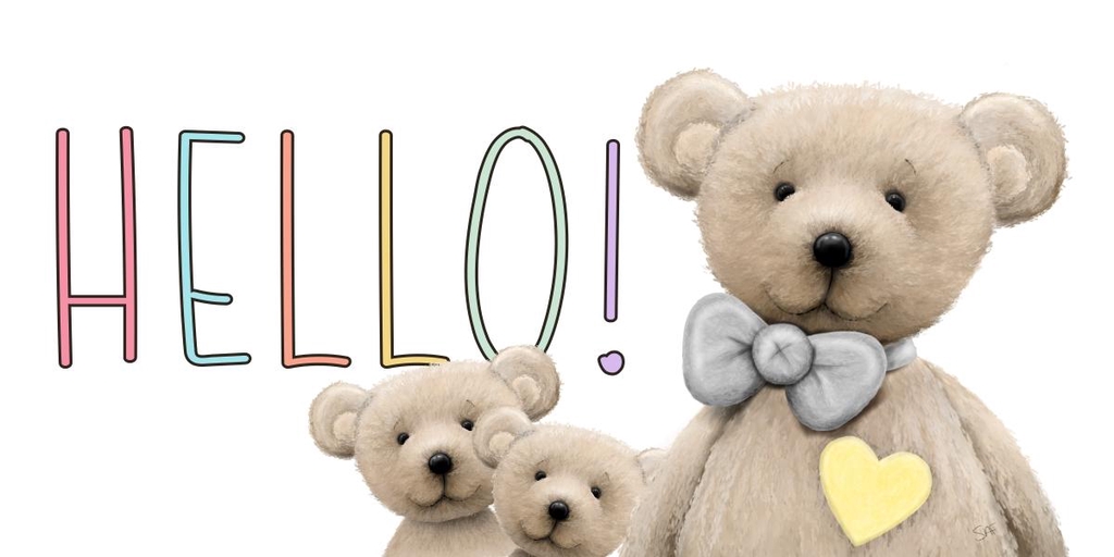 The word 'Hello' is written in a digital drawing of three teddy bears. One bear is large and the two other bears are small. #sarahmadeabear