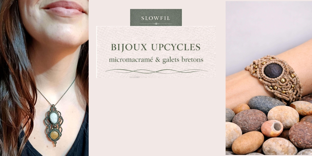 Collier plastron en micromacramé beige avec galet naturel de Cancale, bijou artisanal fait main en Bretagne par Slowfil.