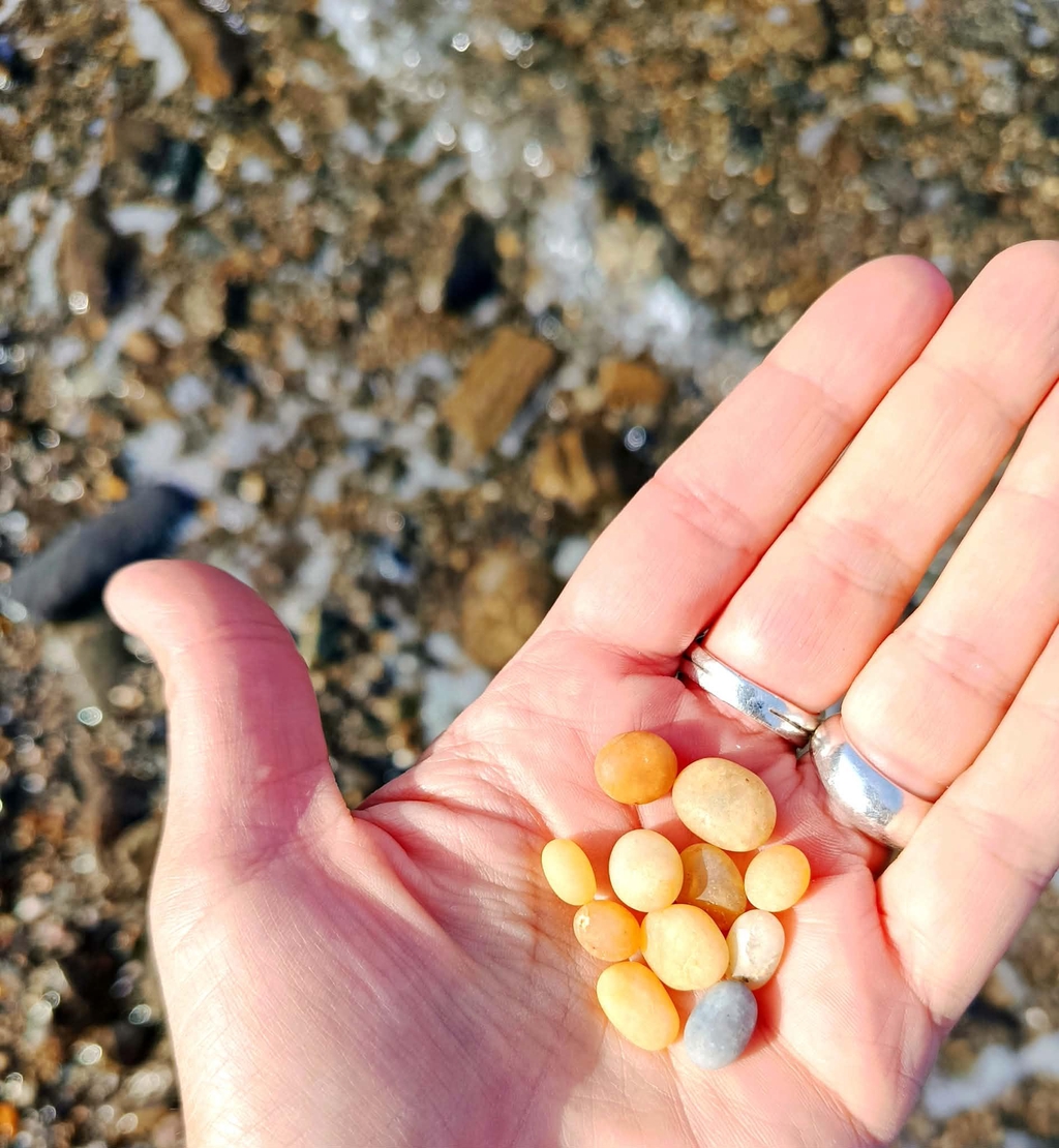 Main d'une artisane présentant des galets naturels glanés sur une plage de Bretagne pour la création de bijoux en micromacramé.