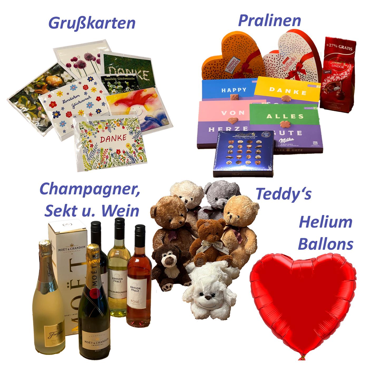 Erweiterungen zum Blumengruß wie Grußkarten, Pralinen, Champagner, Sekt, Wein, Teddys oder auch Bollons