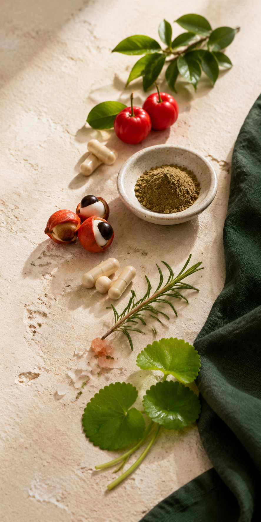 Natürliche Narungsergänzung; Guarana - Pulver, Früchte und kapseln. slzbsteine Rosmarin und Gunderman