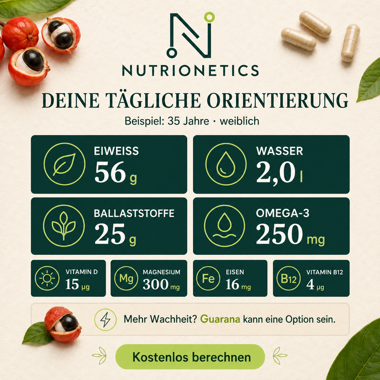 Nährstoffe berechnen, gratis, Mineralstoff, Vitamine, Nährsotffrechner