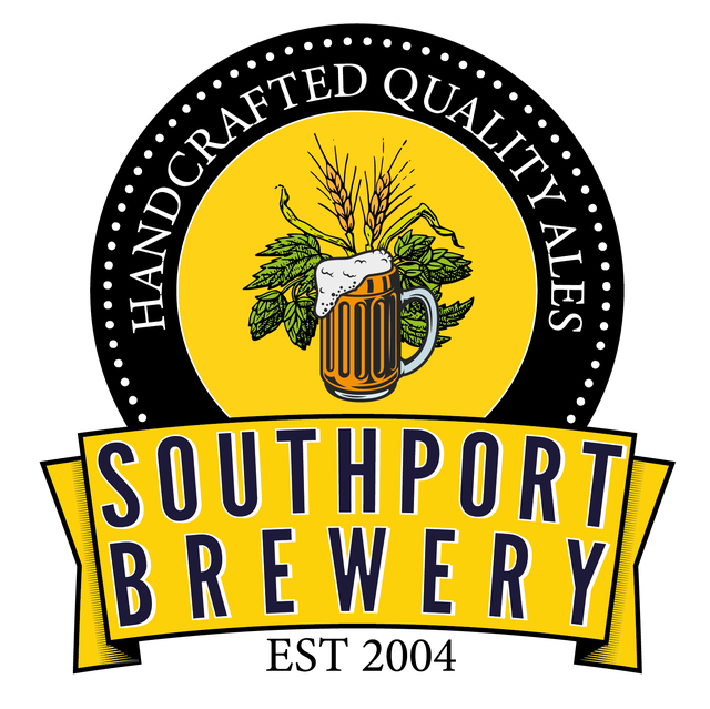 A foaming tankard of beer set before a bundle of hops, laid on top of a yellow bacground. It is surrounded by a black border with the words Handcrafter Quality Ales within it. A yellow ribbon is located at the bottom, with the name of the brewery within it. Small text at the bottom says 'Established 2004'.