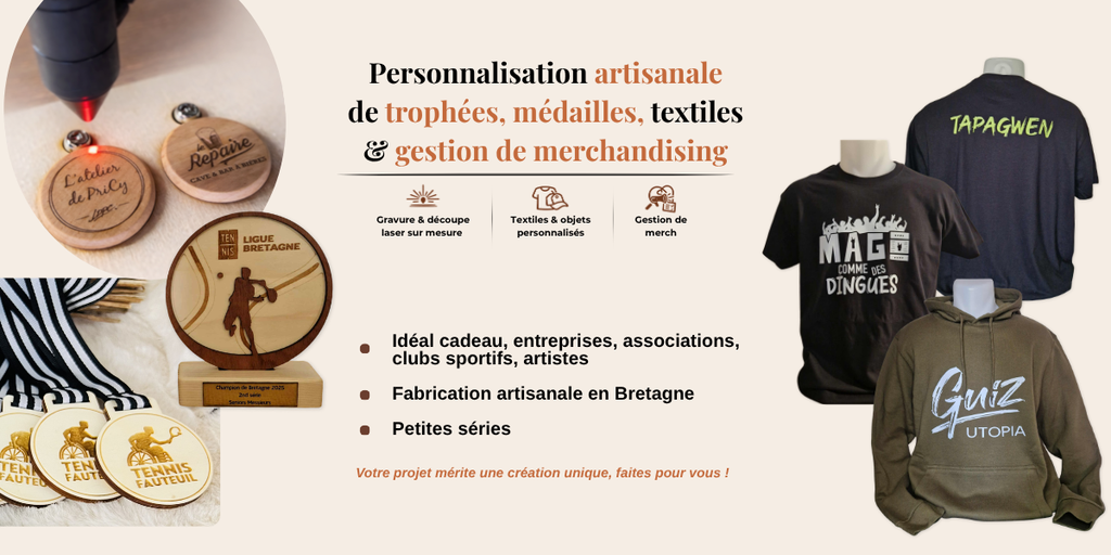 Personnalisation artisanale de trophées, médailles, textiles & gestion de merchandising