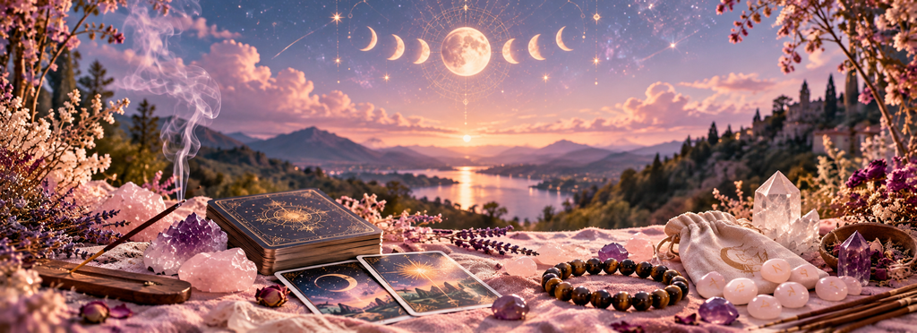 Univers ésotérique aux tons rose et bleu : cartes de tarot, cristaux, quartz rose, améthyste, runes, bracelet en œil de tigre et encens sous un ciel étoilé.