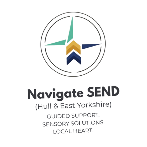 Navigate SEND logo featuring a four‑point compass in teal, green, yellow, and navy blue. Below the compass, the text reads: ‘Navigate SEND (Hull & East Yorkshire) – Guided Support. Sensory Solutions. Local Heart.’ The design represents guidance, community support, and sensory‑friendly services in Hull and East Yorkshire.