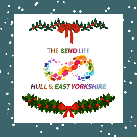 Festive logo for The SEND Life Hull & East Yorkshire featuring holly garlands, snowflakes, and a colorful infinity symbol made of stars and dots — symbolizing diversity, inclusion, and continuity within the SEND community.