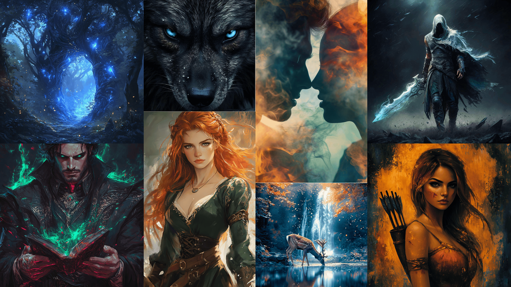 Bannière contenant plusieurs images avec des personnage et des univers fantasy