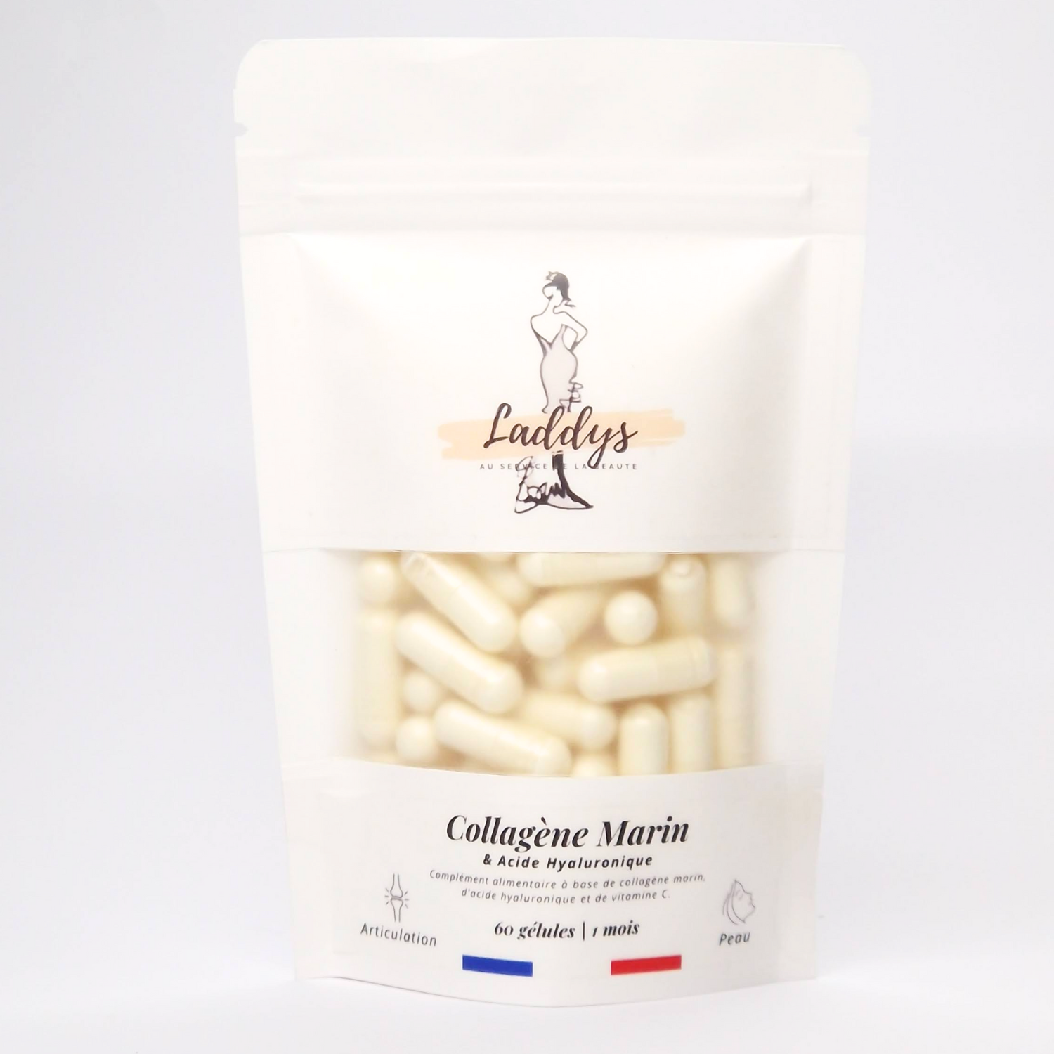 Collagène Marin & Acide Hyaluronique", un complément alimentaire de la marque Laddys. Il est présenté comme bénéfique pour les articulations et la peau, et contient 60 gélules pour un mois de traitement.