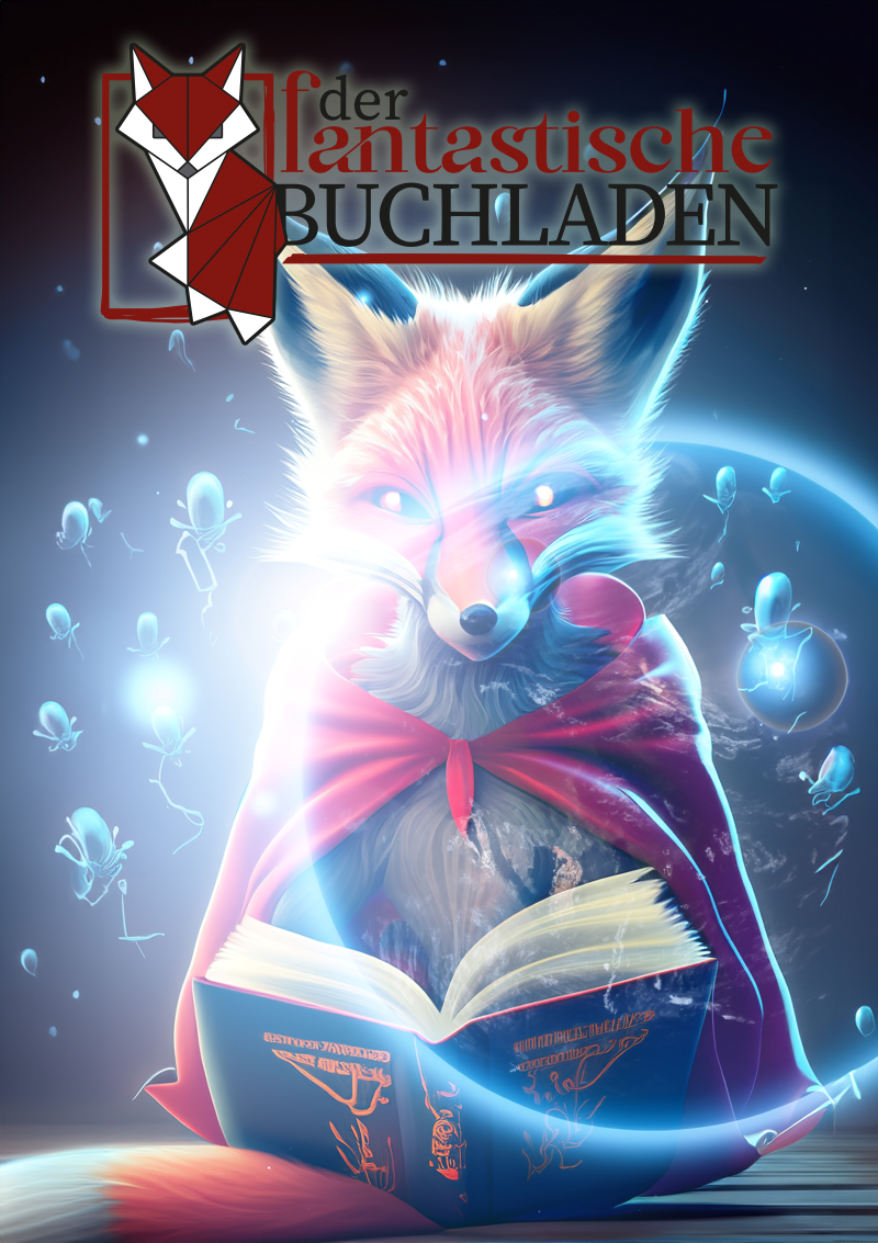 Fuchs mit Cap liest ein Buch in einem blau leuchtenden Raum