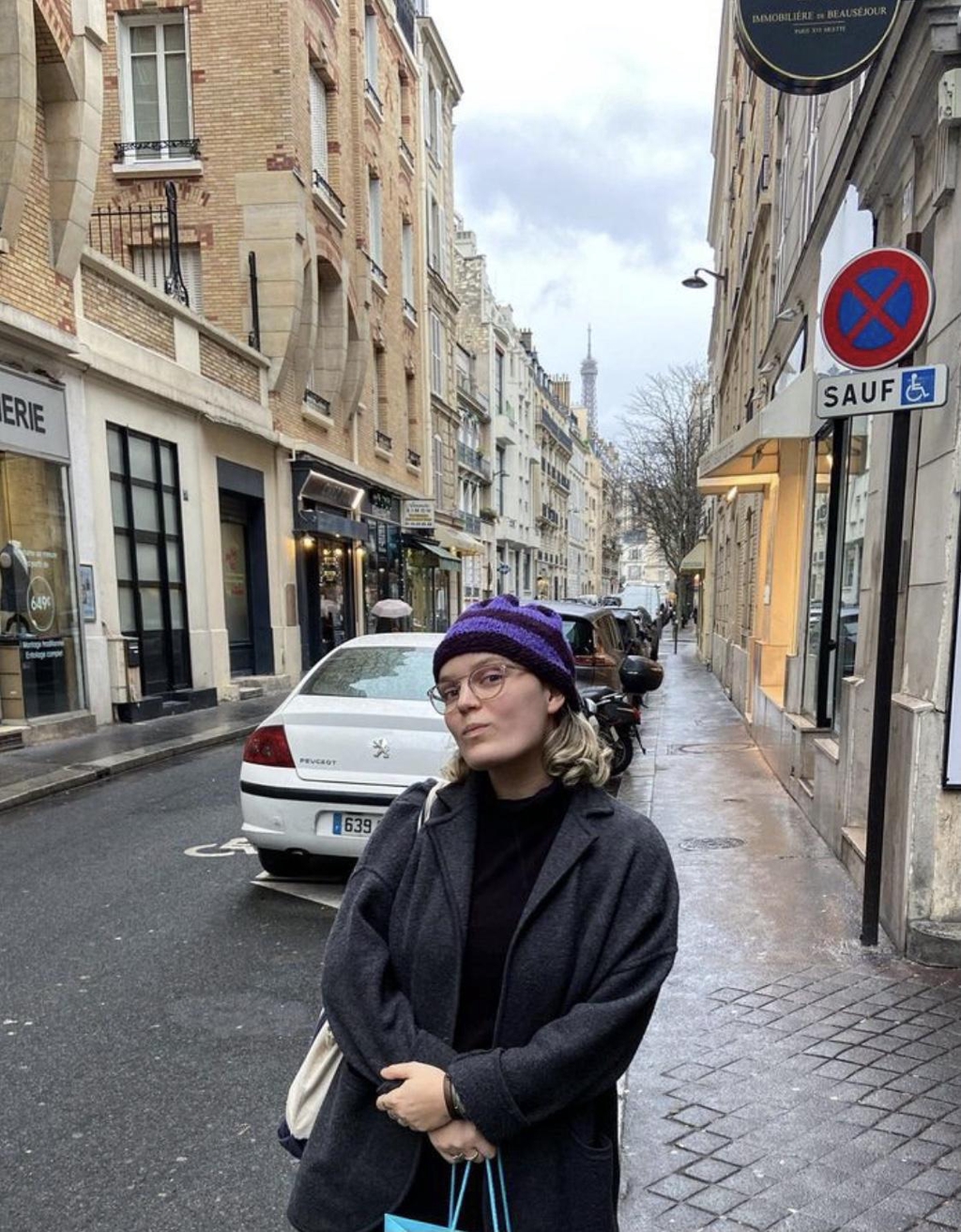 Things Lil Made takes Paris in the form of a purple striped handknit cap made with Dongal wool from Studio Donegal wool spinning co.