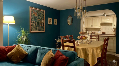 A bright, vintage‑styled dining room and kitchen showcasing warm wood tones and curated homewares, representing the aesthetic of this boutique vintage website