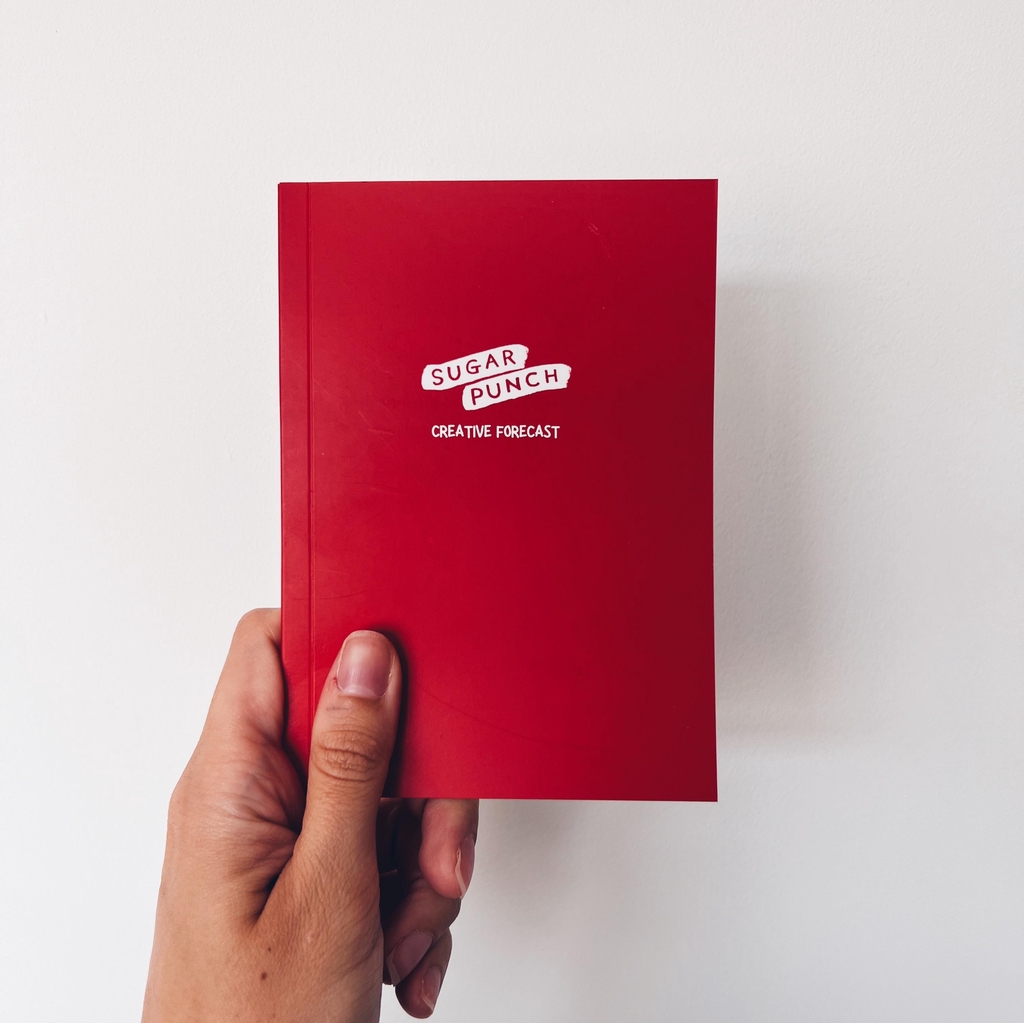 Image of the creative forecast, bright red in colour and a6 in size with sugar punch logo on the front