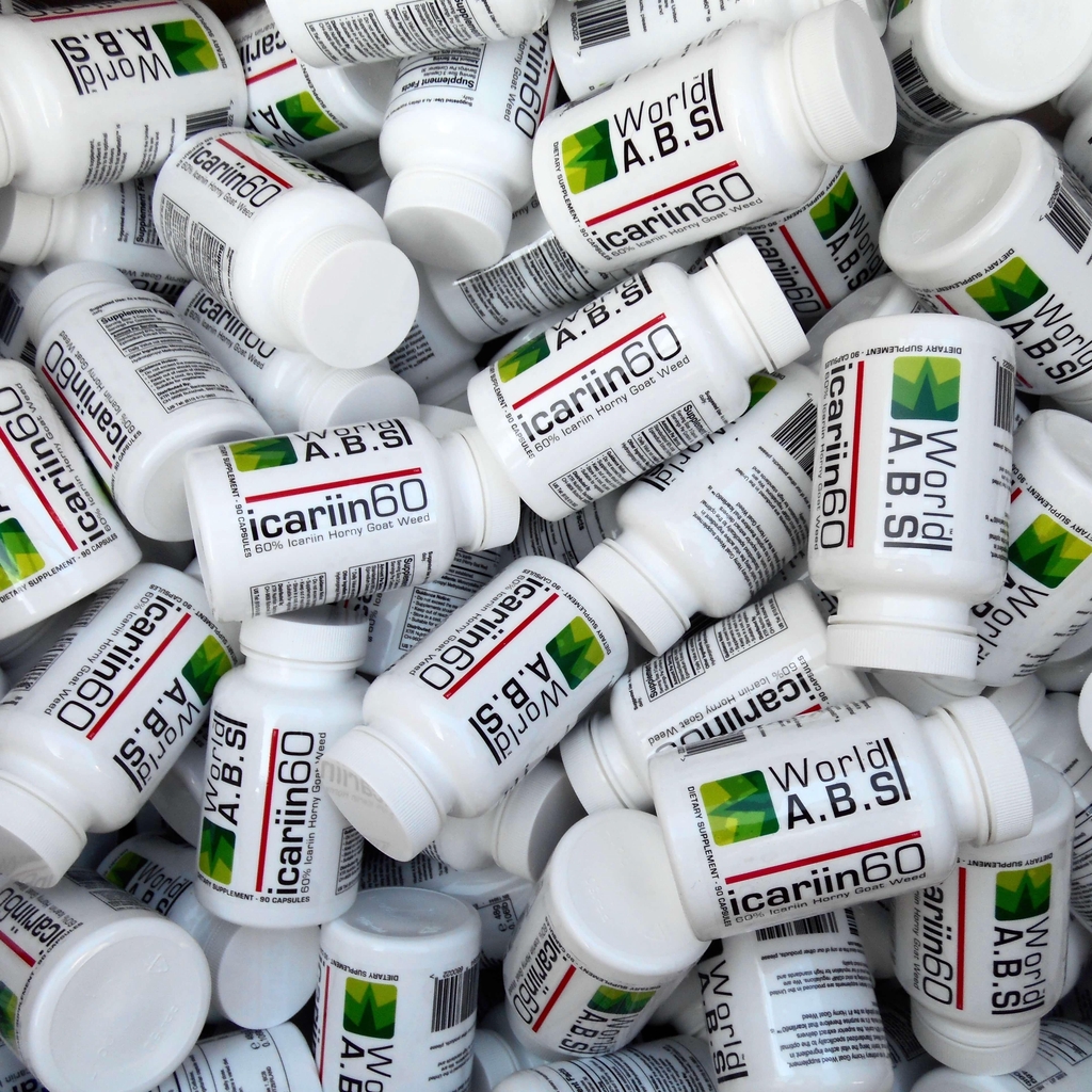 Multiple bottles of World A.B.S icariin 60™ Horny Goat Weed capsules