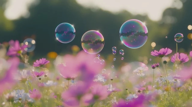 Fleurs roses et blanches et bulles de savon multicolores