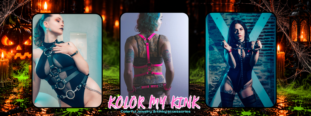 Découvrez Kolor My Kink : accessoires BDSM artisanaux, vegan et colorés. Colliers, harnais, pet play et créations personnalisées fabriqués en France.