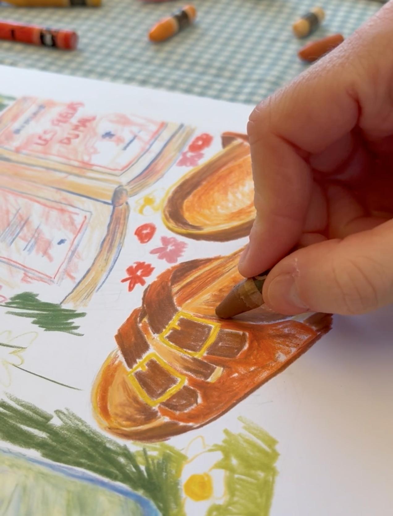 Processus de création d’une illustration originale, détails sur le tracé et la texture du pastel.