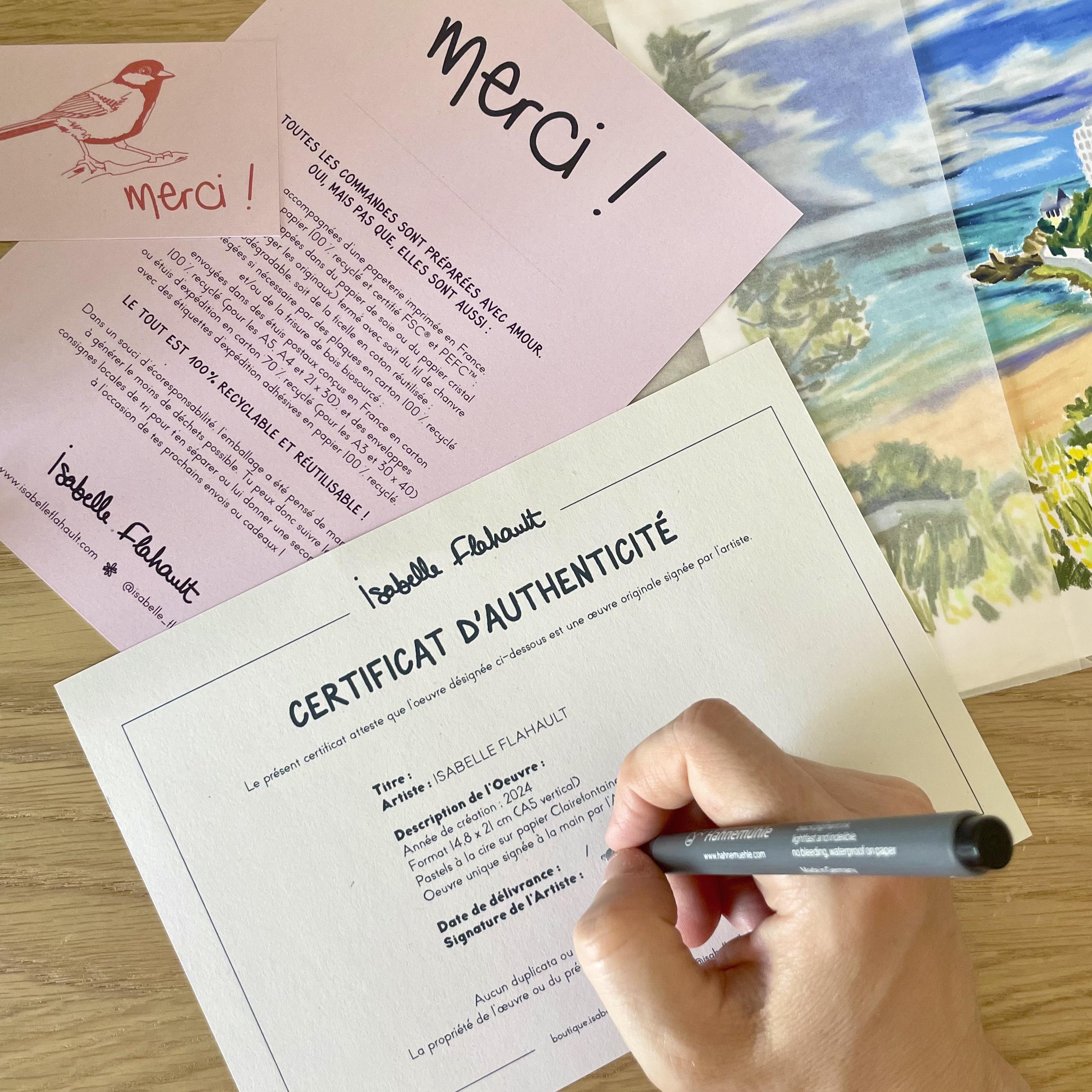 Certificat d’authenticité accompagnant une œuvre originale